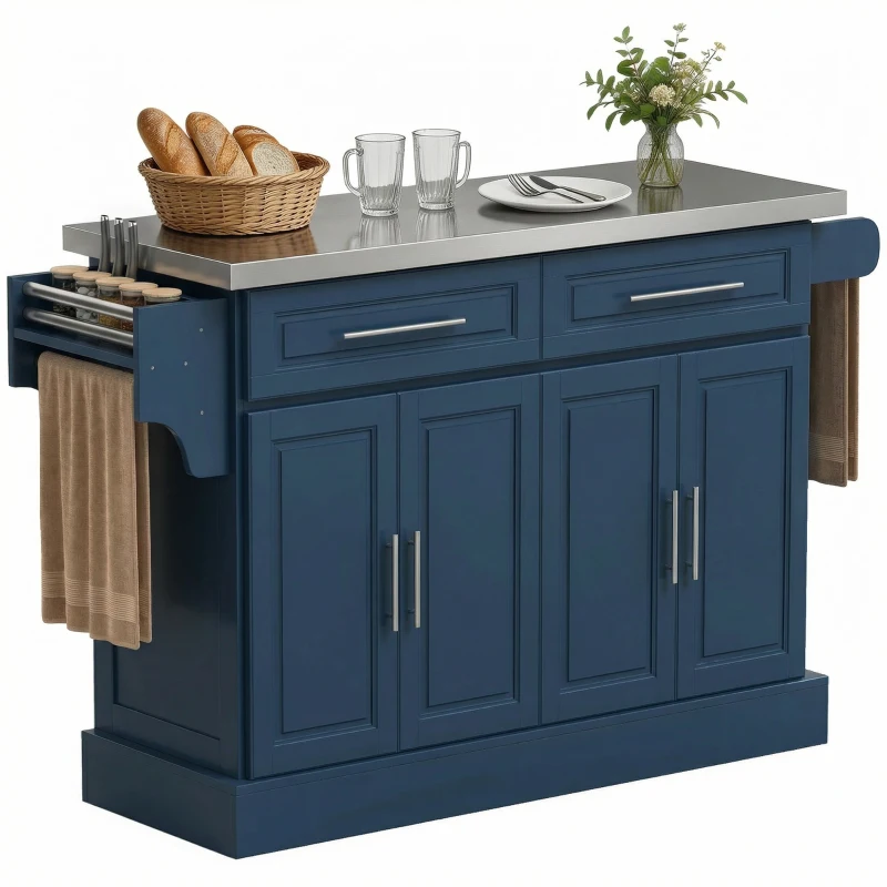 HOMCOM Rolling Kitchen Island with Stainless Steel Top, 2 Drawers, Spice, Knife and Towel Rack and Cabinets, Navy Blue