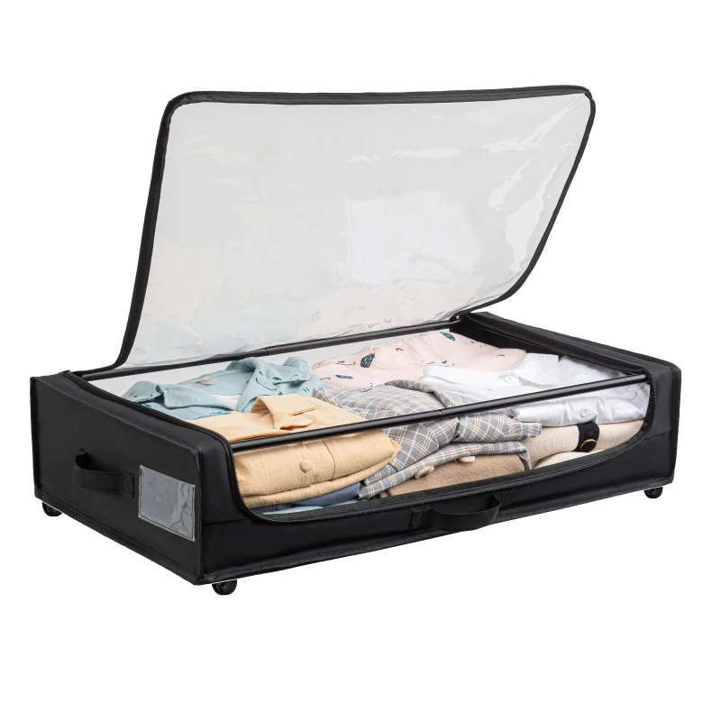 Compact 2 Under-Bed Storage Containers with Transparent Cover, Rolling Organizer Bins for Bedrooms, 28" L x 16.5" W x 6.5" H, Black