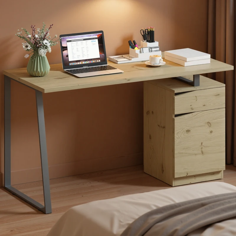 HOMCOM 53 Inch Computer Desk, Writing Table with Cabinet, Drawer, Adjustable Shelf for Home Office Study, Natural Wood