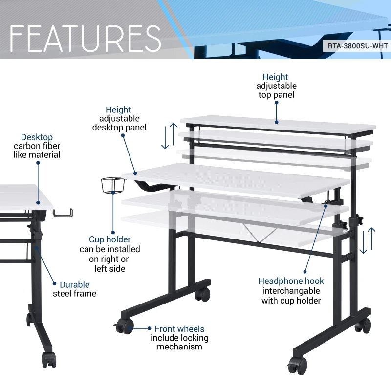 Mobile Writing Desk with Height Adjustment and Headphone Hook, Compact Worktable for Offices and Study Rooms, 35″ L x 23.5″ W x 28″ H, White