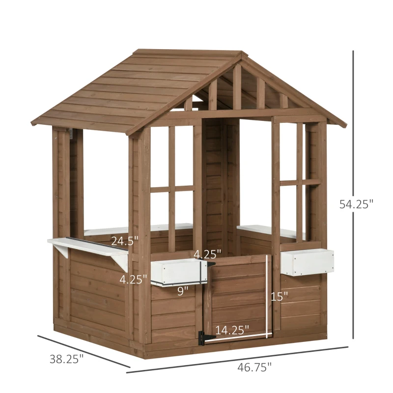 Outsunny Kids Wooden Playhouse, Outdoor Garden Games Cottage with Flowers Pot Holder, Working Door, Windows, Brown