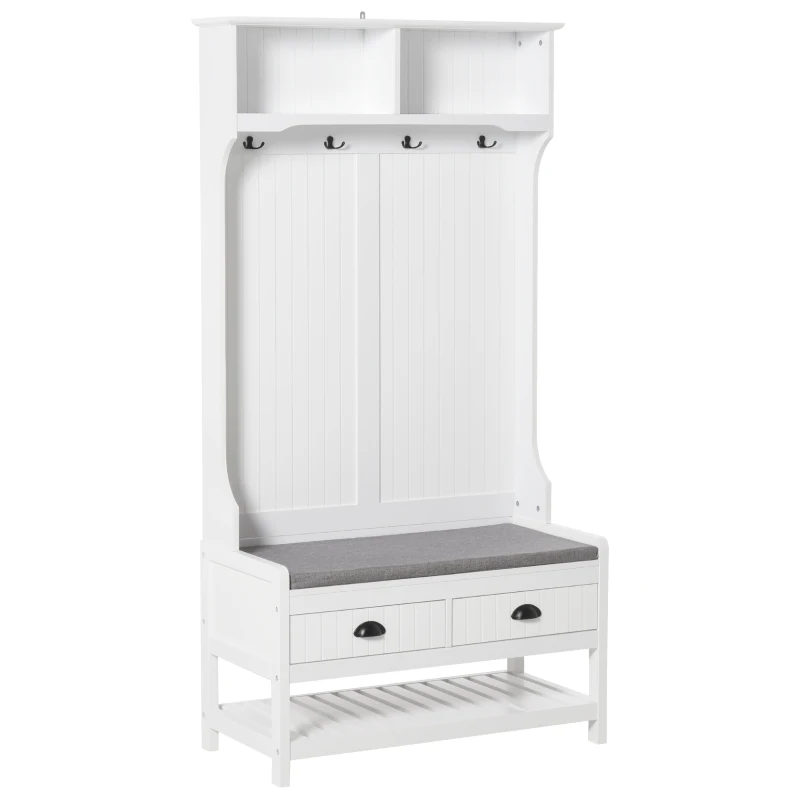HOMCOM Coat Rack Shoe Bench, Hall Tree with Bench and Shoe Storage, Entryway Bench with 4 Hooks, 2 Drawers, 2 Shelves, White