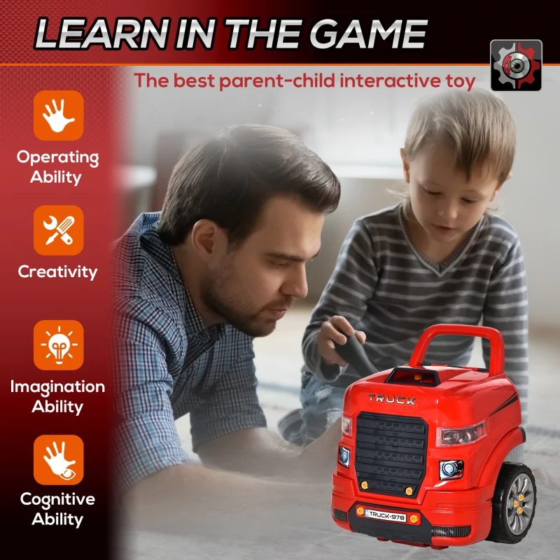 Qaba Mechanic Kids Truck Engine Toy Set, Car Service Play Set, Red