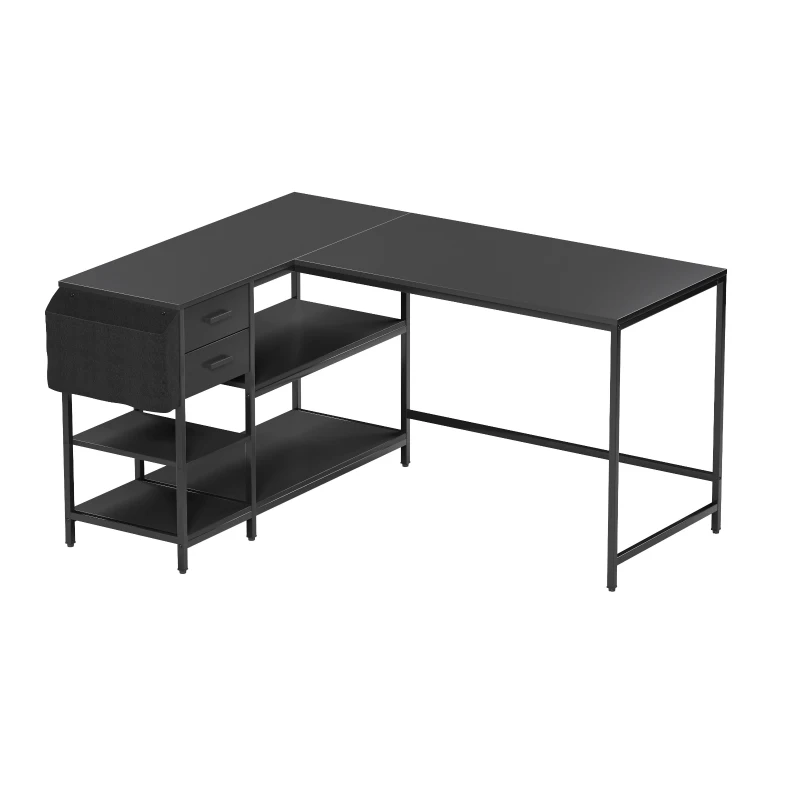 Modern L-Shaped Desk with 2 Drawers and Fabric Organizer, Contemporary Corner Computer Desk for Home Office, 55" L x 46.5" W x 29.5" H, Black