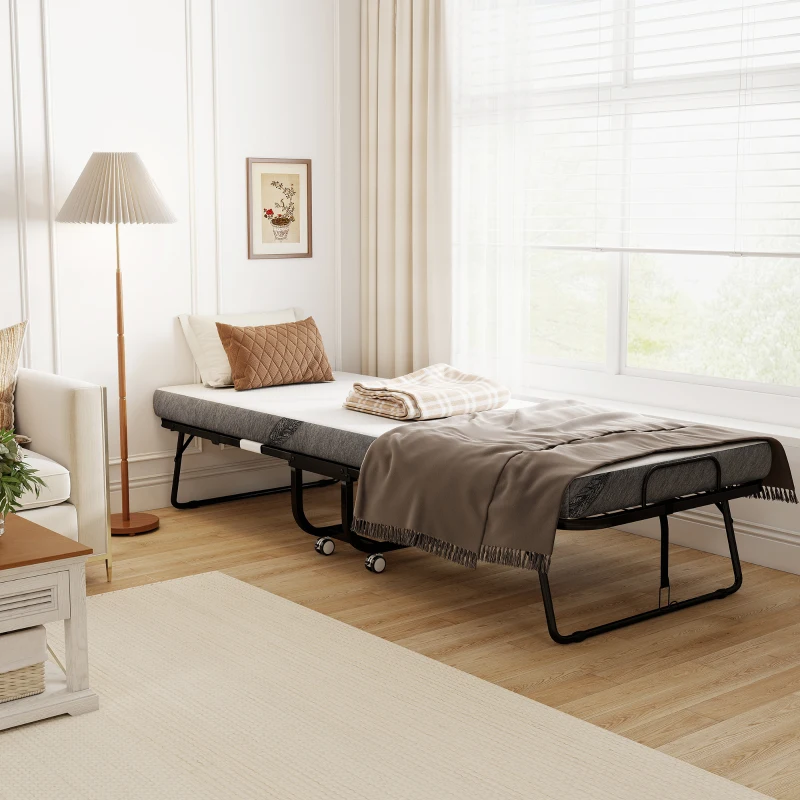 HOMCOM Folding Bed with Mattress for Adults, Single Size, Portable Foldable Bed with Super Strong Steel Frame, 78.75" x 31.5", Fold Up, Roll Away & Hideaway, White