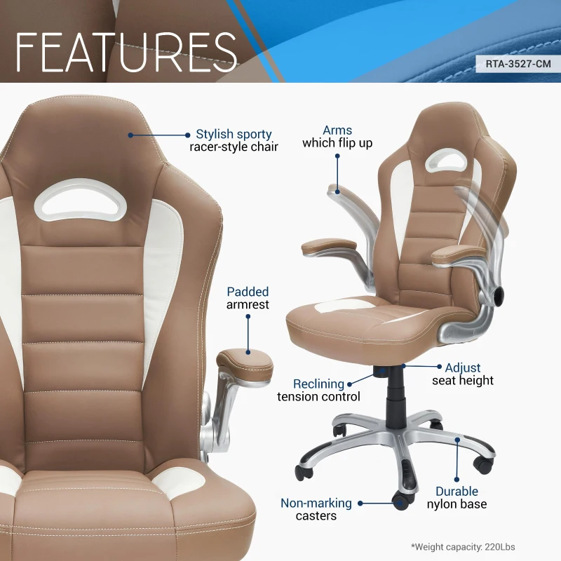 Racer-style Chair with Flip-Up Arms and TechniFlex Upholstery, Flexible Racer Seat with Locking Tilt Control, 26.5" L x 27" W x 47" H, Camel
