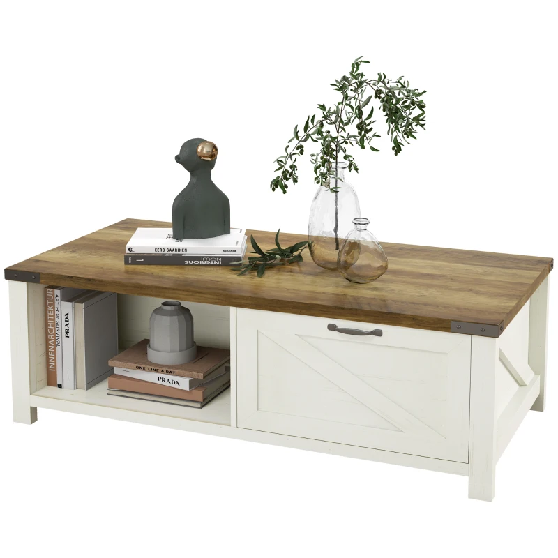 HOMCOM Farmhouse Coffee Table with Storage and Drawer, Rustic End Table for Living Room, Open Shelf, White