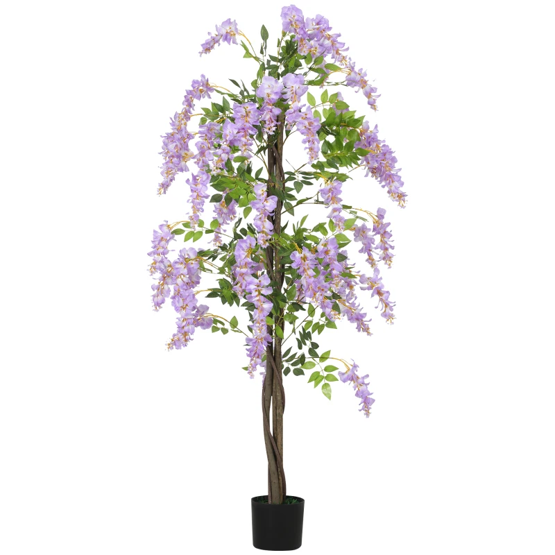 HOMCOM 5.9FT Fake Wisteria Tree with Natural Wood Trunk, Artificial Plant in Nursery Pot, Greenery Tall Faux Floor Plant Purple