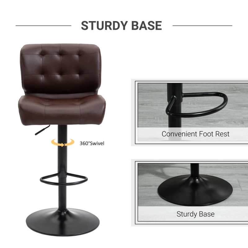 HOMCOM Bar Height Bar Stools Set of 2 with Adjustable Seat, Adjustable Swivel Barstools with Thick Padded Cushion and Metal Footrest for Home Bar, Brown