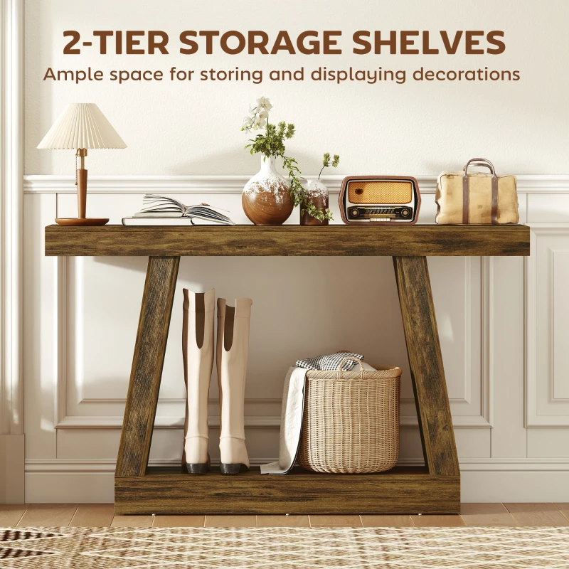 HOMCOM 55" Farmhouse Console Table, 2-Tier Entryway Table with Storage for Hallway, Living Room, Behind Couch, Rustic Brown