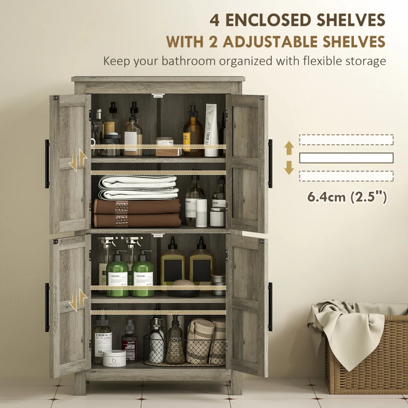 HOMCOM Bathroom Floor Storage Cabinet, Farmhouse Bathroom Cabinet with 4 Doors and Adjustable Shelf, Light Gray