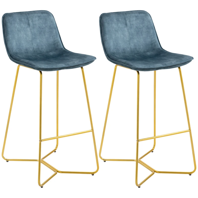 HOMCOM Bar Height Bar Stools, Velvet-Touch Fabric Bar Chairs, 30.25" Seat Height Stools with Gold-Tone Metal Legs for Dining Area, Home Bar, Set of 2, Blue