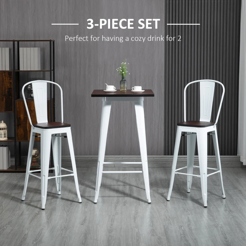 HOMCOM 3 Piece Industrial Dining Table Set, Bar Height Bar Table and Chairs Set with Footrests for Bistro, White and Brown