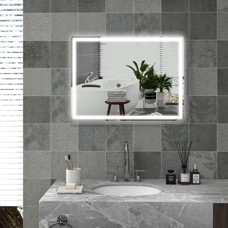 HOMCOM 32" x 24" Bathroom Mirror with LED Lights, Dimmable Makeup Mirror, Vanity Mirror with 3 Colors, Smart Touch, Anti-Fog