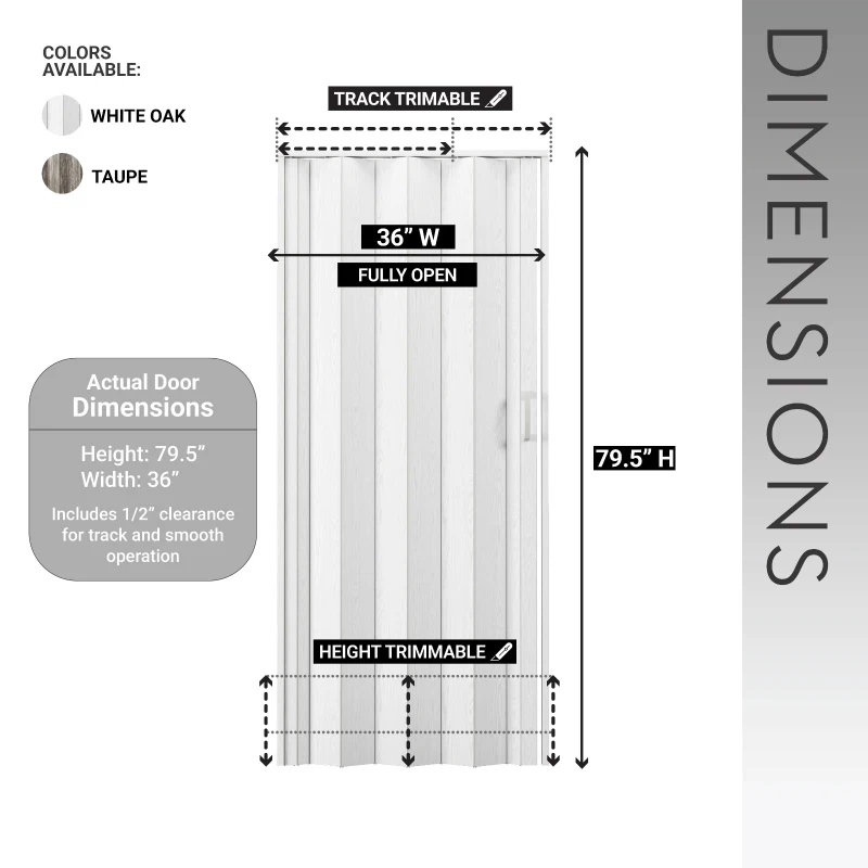 Sleek Foldable Accordion Door with Double-Walled Panels, Space-Saving Interior PVC Sliding Door for Bedroom and Closet, 36" L x 1" W x 80" H, Taupe