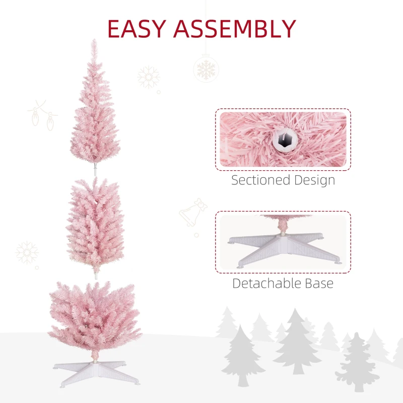 HOMCOM 8ft Pencil Christmas Tree, Slim Artificial Christmas Tree with Realistic Branches and Warm White LED Lights, Pink