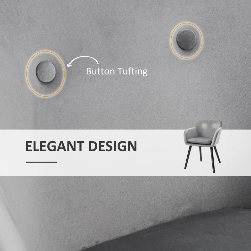 HOMCOM Modern Dining Chairs Set of 2, Kitchen Chairs Upholstered Fabric Velvet-Touch, Backrest and Armrests, Kitchen Counter Dining Room, Grey