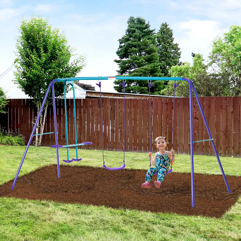 Outsunny Metal Swing Set with Glider, Two S Seats and Adjustable Height, Outdoor Heavy Duty A-Frame Kids Playset Suitable for Playground, Backyard, Purple