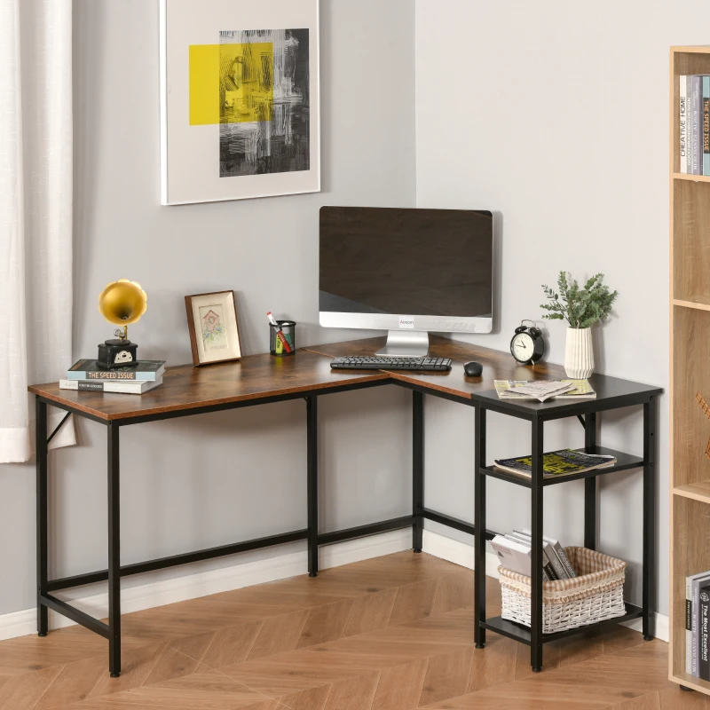 HOMCOM L-Shaped Computer Desk, Industrial Corner Desk with Adjustable Storage Shelf, CPU Tower Stand, Wood Grain Surface