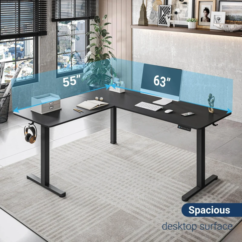 Sleek L-Shaped Standing Desk with 3 Memory Presets and Hooks, Height Adjustable Electric Computer Desk for Home Office, 63'' L x 55'' W x 28'' H, Black