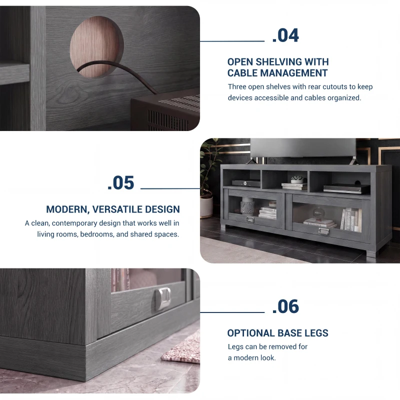 Sleek Durbin TV Stand with Glass Panel Cabinets and Cable Management, Modern Media Sideboard Cabinet for Living Room, 57" L x 15" W x 23" H, Grey