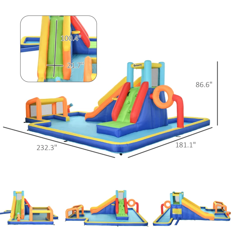 Outsunny 6 in 1 Kids Inflatable Bounce House with Slide, Pool, Climbing Wall, Water Cannon, Basketball Hoop, Football Stand