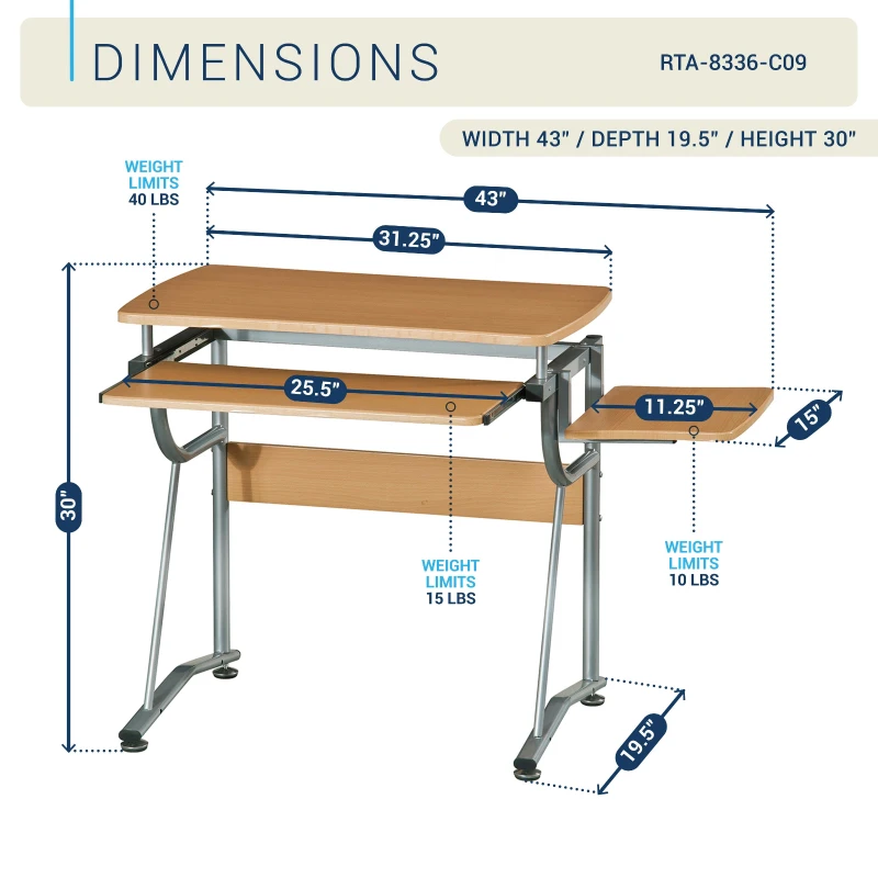 Compact Computer Desk with Slide-Out Keyboard Tray and Printer Shelf, Modern Writing Table for Home Office, 43" L x 19.5" W x 30" H, Cherry