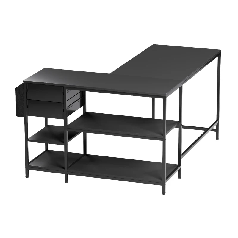 Modern L-Shaped Desk with 2 Drawers and Fabric Organizer, Contemporary Corner Computer Desk for Home Office, 55" L x 46.5" W x 29.5" H, Black