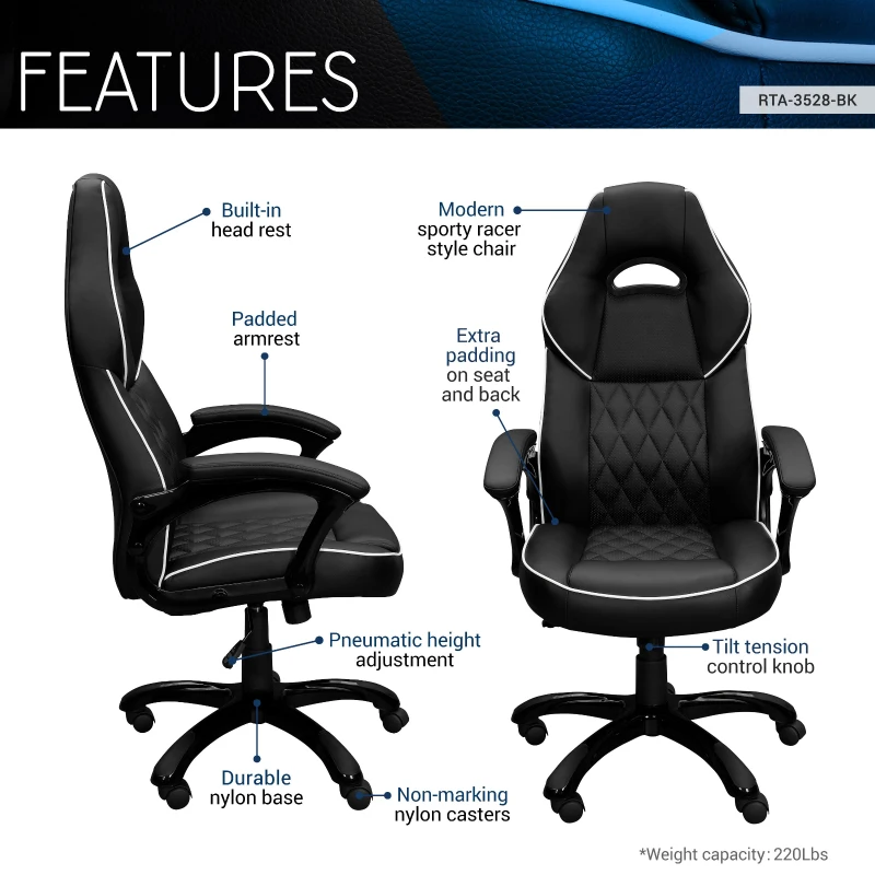 Racer-style Chair with Flip-Up Arms and TechniFlex Upholstery, Flexible Racer Seat with Locking Tilt Control, 25.5″ L x 27.5″ W x 47.5″ H, Black