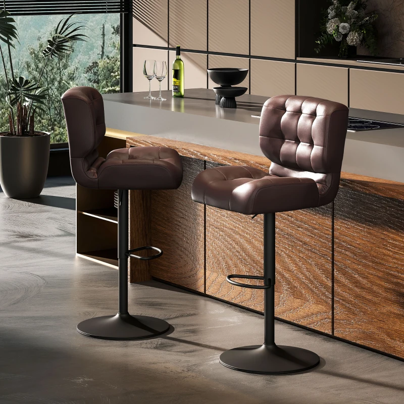 HOMCOM Bar Height Bar Stools Set of 2 with Adjustable Seat, Adjustable Swivel Barstools with Thick Padded Cushion and Metal Footrest for Home Bar, Brown