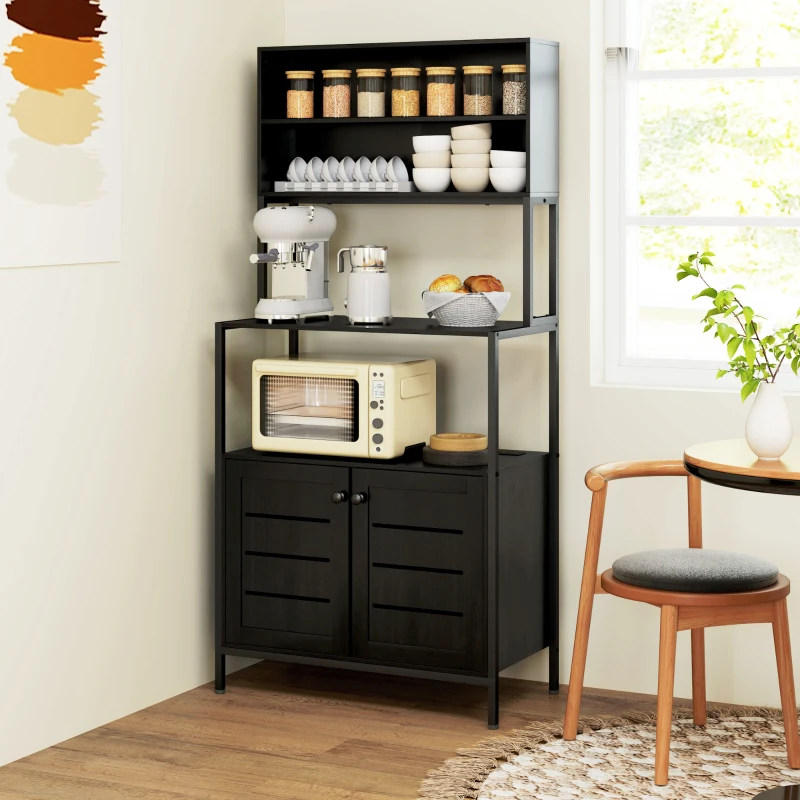 HOMCOM Baker's Rack with Power Outlet and Storage Shelves, Microwave Stand with Louvred Door Cabinets, Black
