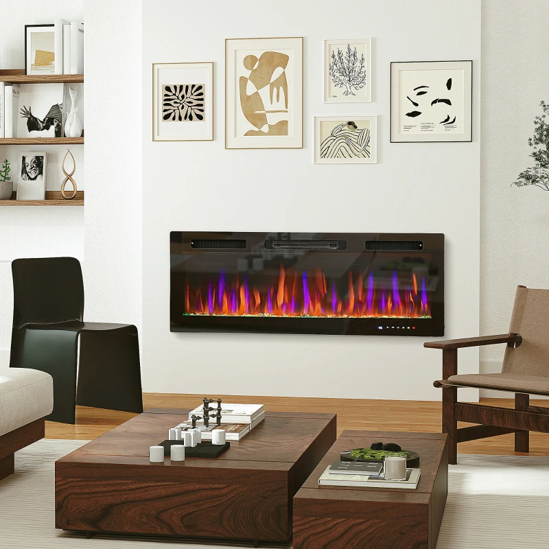 HOMCOM 50" Electric Fireplace Recessed and Wall Mounted, 1500W Ultra-thin with Adjustable Flame, Crystal, Black