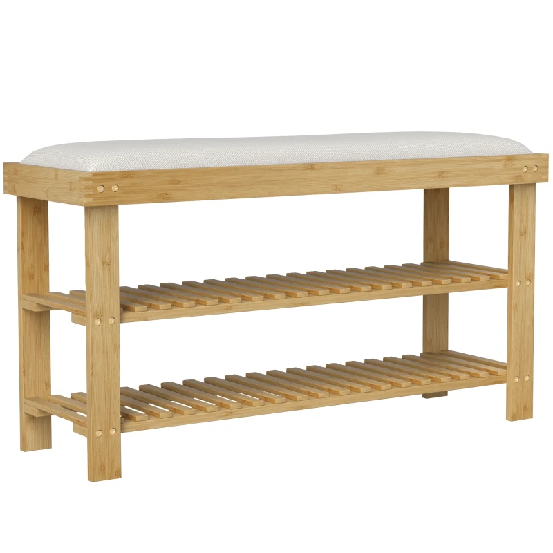 HOMCOM Bamboo Shoe Storage Bench, 3-Tier Entryway Bench with Cushion, Shoe Organizer for Entryway, Hallway, Natural