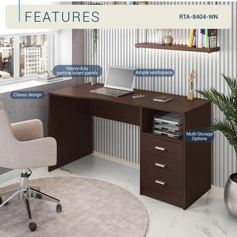 Classic Computer Desk with 3 Drawers and Side Shelf, Modern Contoured Workstation Table for Home Office Studio, 51" L x 23.5" W x 29.5" H, Wenge