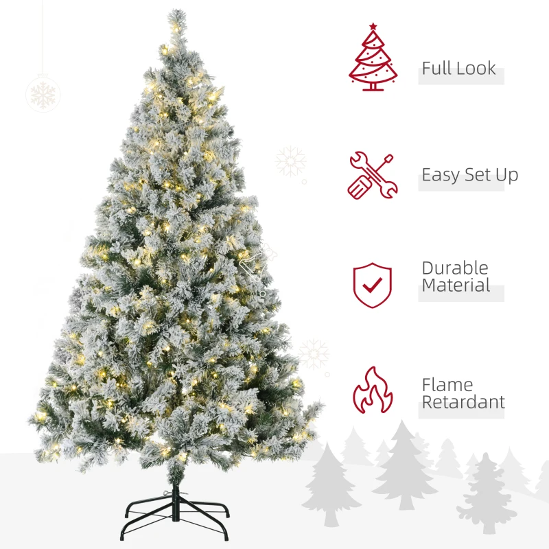 HOMCOM 6' Artificial Snow Christmas Trees with Frosted Branches, Warm White or Colorful LED Lights, Steel Base