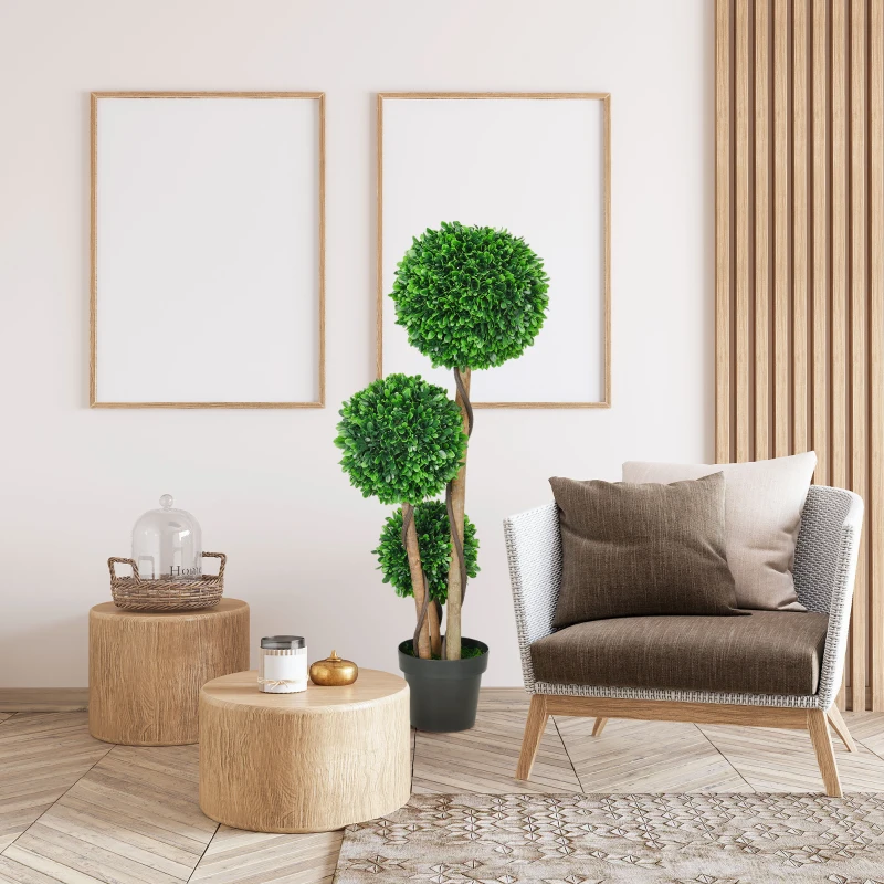 HOMCOM 3.6ft Artificial Tree, Triple Ball Boxwood Topiary with Pot and Sandalwood Leaves, for Indoor Outdoor Home