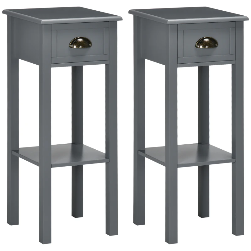 HOMCOM 2-Tier Nightstand, Side Table with Drawer and Shelf for Living Room or Bedroom, Set of 2, Gray