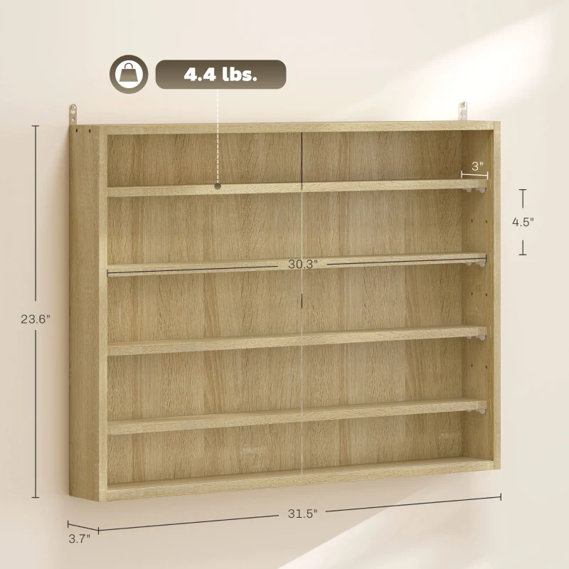 HOMCOM 5-Tier Display Cabinet, Wall-Mounted Display Case with 2 Glass Doors and Adjustable Shelves, Oak