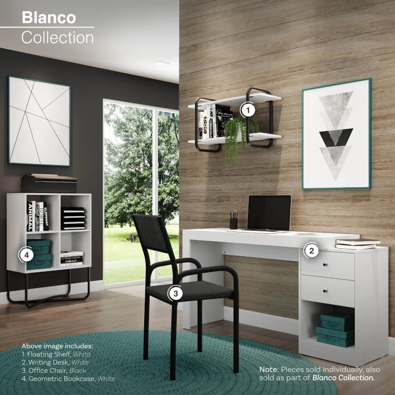 Sleek Expandable Desk with 2 Drawers and Open Bottom Shelf, Modern Home Office Computer Writing Table for Apartment, 47.5" L x 18" W x 29.5" H, White