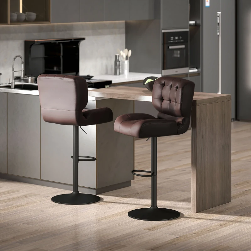 HOMCOM Bar Height Bar Stools Set of 2 with Adjustable Seat, Adjustable Swivel Barstools with Thick Padded Cushion and Metal Footrest for Home Bar, Brown