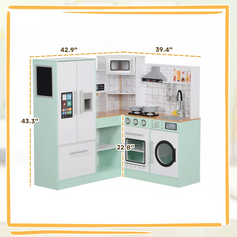 Qaba Play Kitchen, Corner Kids Kitchen Playset w/ Chalkboard, Range Hood, Ice Maker, Stove, Microwave, Sound & Lights