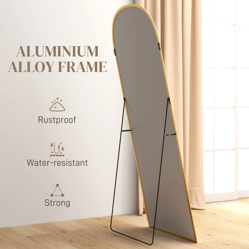 HOMCOM Arched Standing Mirror, 64" x 24" Full Length Mirror, Free Standing or Wall Mounted for Living Room, Bedroom, Gold