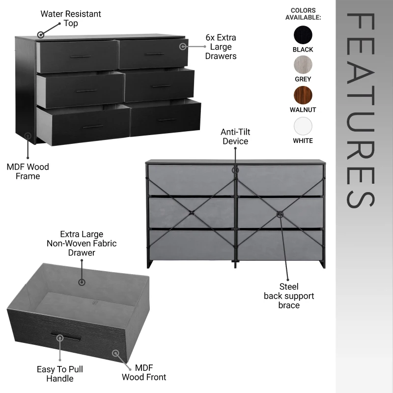 Versatile 6-Drawer Dresser with Water-Resistant Top, Ideal Storage Chest for Bedrooms, Playrooms, Entryways, 44.5" L x 16" W x 26.5" H, Black