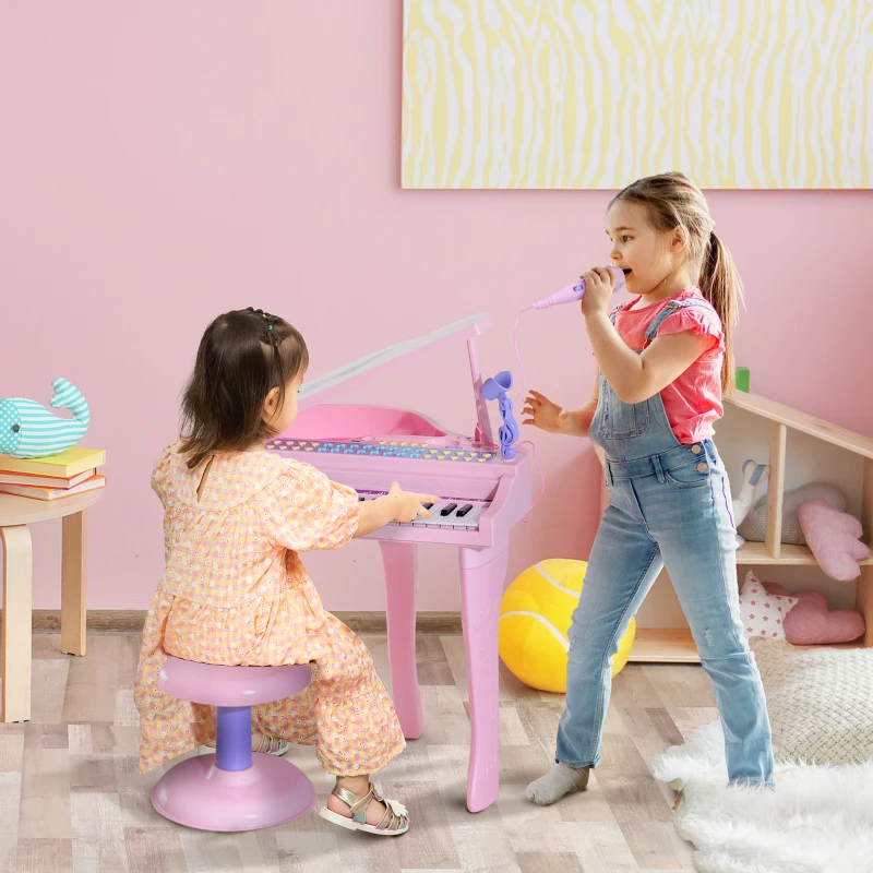 Qaba 37-Key Kids Toy Keyboard Piano Musical Electronic Instrument Grand Piano with Microphone, Stool, MP3, U-Disk, Lights for 3-6 Years, Pink