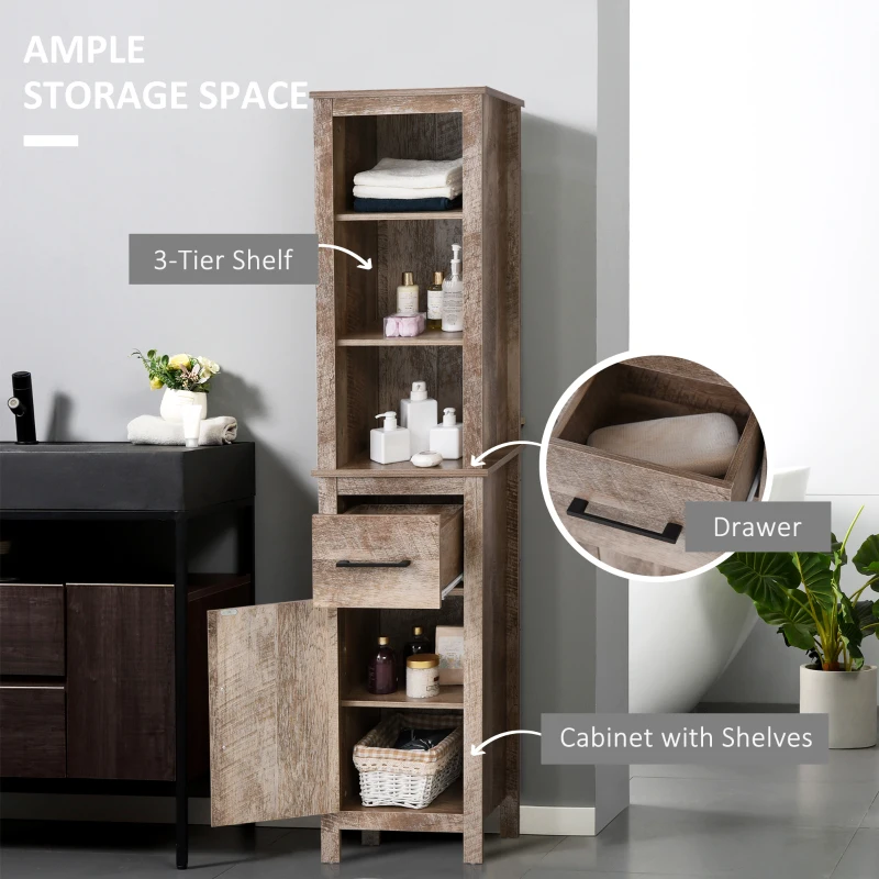 kleankin Tall Bathroom Storage Cabinet, Freestanding Linen Tower with 3-Tier Open Adjustable Shelves, and Drawer, Narrow Slim Floor Organizer