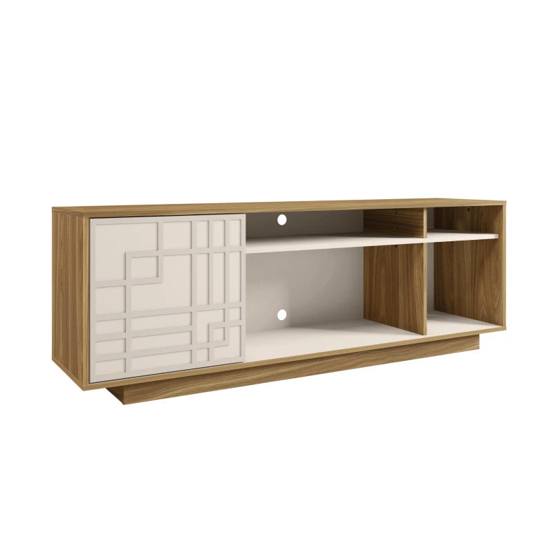 Contemporary Floating TV Stand with Patterned Cabinet Door, Modern Media Entertainment Console for Living Room, 63" L x 14" W x 21" H, Oak Natural Wood+Antique White