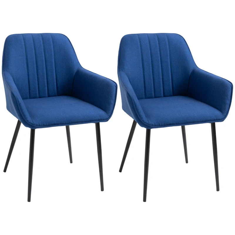 HOMCOM Dining Chairs Set of 2, Upholstered Linen Fabric Accent Chairs with Metal Legs, Dark Blue