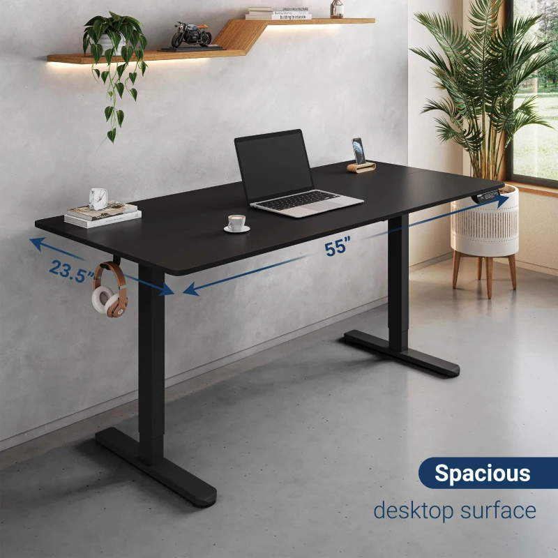 Sleek Electric Standing Desk with 3 Memory Presets and Hooks, Height Adjustable Sit to Stand Computer Desk for Home Office, 55'' L x 23.5″ W x 28'' H, Black