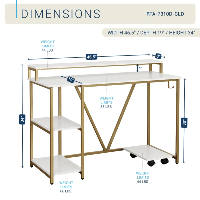 Industrial Writing Desk with Elevated Hutch Shelf and CPU Caddy, Modern Computer Table for Home Office, 46.5" L x 19" W x 34" H, Gold