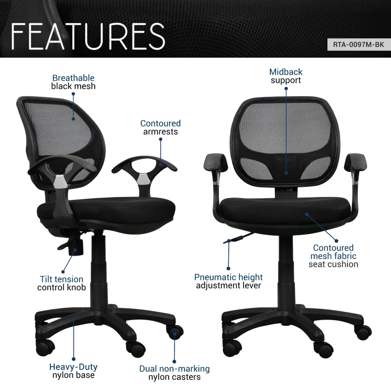 Breathable Office Chair with Contoured Fabric Seat Cushion and Contoured Armrests, Task Chair for Offices, 23.5" L x 22.5" W x 35" H, Black